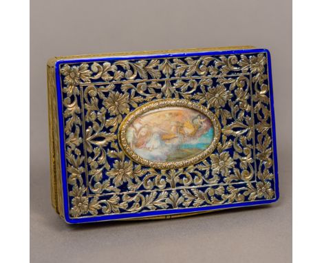 A Continental plique-a-jour and enamel decorated 800 silver gilt snuff box Of rectangular form, the hinged lid centred with a