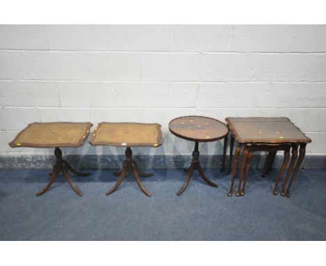 A PAIR OF MAHOGANY SERPENTINE LEATHER TOP TRIPOD TABLE, along with an oval tripod table and a nest of three tables (condition