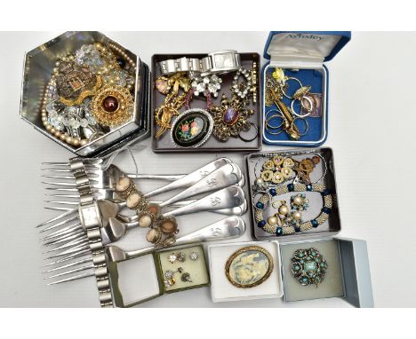 A BOX OF COSTUME JEWELLERY, CUTLERY AND OTHER ITEMS, to include a  pair of carved mother of pearl drop earrings, white metal 