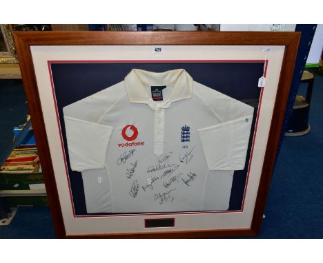 A FRAMED AND GLAZED MARCUS TRESCOTHICK MATCHWORN ENGLAND CRICKET SHIRT, worn during the 2002-2003 Ashes series in Australia, 