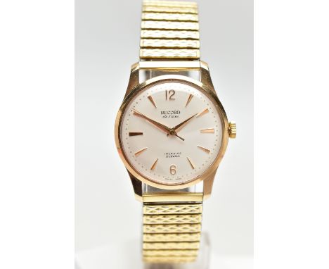 A 9CT GOLD ‘RECORD DE LUXE’ WRISTWATCH, manual wind (needs attention), round white dial signed ‘Record de Luxe, Incabloc 17 j