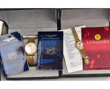A LADIES AND A GENTS 'LONGINES' WRISTWATCH, a gents quartz watch featuring a round gold dial signed 'Longines', baton markers