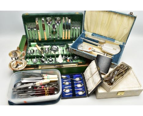 A LARGE ASSORTMENT OF CUTLERY, CANTEENS, VANITY SET AND FURTHER ITEMS, to include three white metal decanter labels for 'Sher