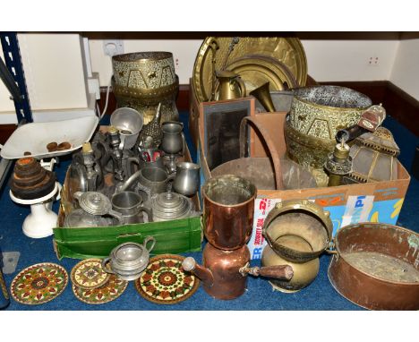 THREE BOXES OF METALWARE, to include a set of iron kitchen scales with weights, a quantity of Indian design brass pots, plant