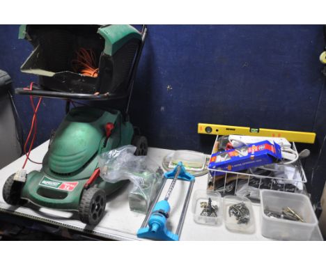 A QUALCAST POWERTRAK 34 LAWN MOWER with grass box (PAT pass and working) along with a tray of miscellaneous to include a tin 