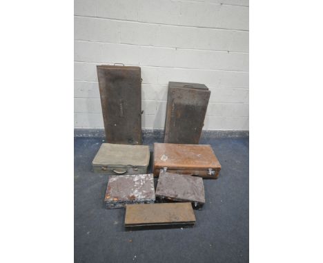 A COLLECTION OF VINTAGE LUGGAGE including two small leather 'Demob cases (distressed), two vinyl cases and three metal trunks
