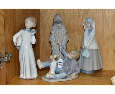 FOUR NAO FIGURES OF CHILDREN, comprising a boy with pillow and alarm clock (glued repair to the neck), girl wearing shawl and
