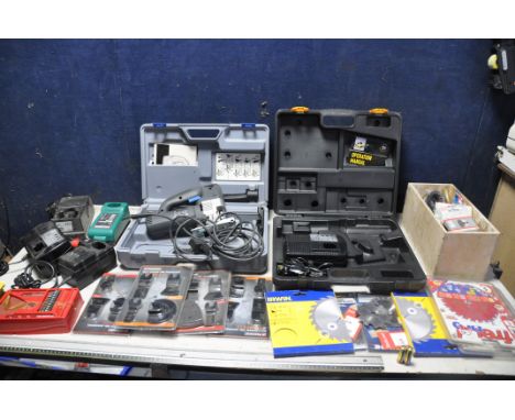 A ELU D65510 JIGSAW in case (PAT pass and working) along with a selection of battery chargers to include Makita, Performance 