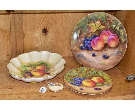 FOUR PIECES OF HAND-PAINTED CHINA BY FORMER ROYAL WORCESTER PAINTER FRANCIS CLARK, comprising a scalloped bowl (some pitting 