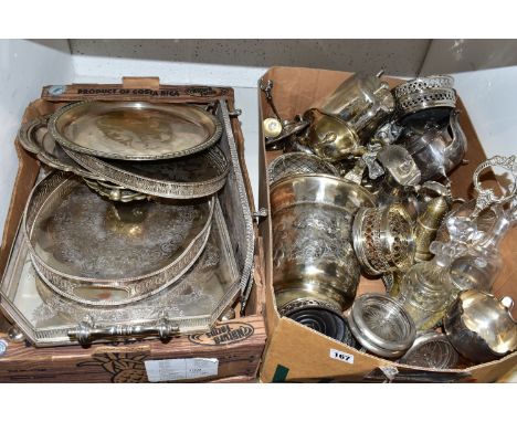 TWO BOXES OF ASSORTED WHITE METAL TABLEWARE, to include a selection of white metal and plated serving trays, water jug, gravy