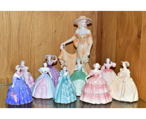 A COALPORT FIGURINE AND NINE COALPORT MINUETTES FIGURINES, comprising Coalport Ladies of Fashion June height 20cm, together w