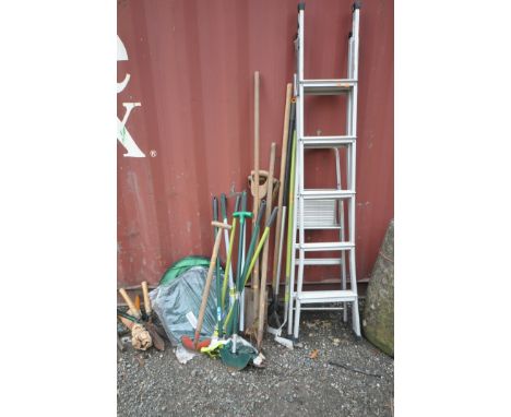 A COLLECTION OF GARDEN TOOLS and two Aluminum step ladders
