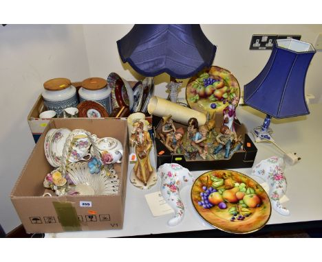 THREE BOXES AND LOOSE CERAMICS, LAMPS AND SUNDRY ITEMS, to include a pair of Royal Worcester Cornucopia Wall Vases length 22c