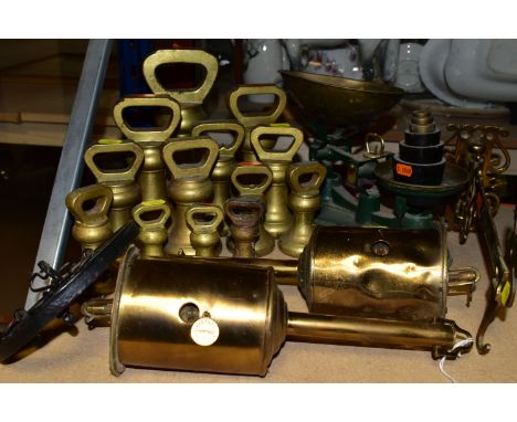 A GROUP OF WEIGHTS, SCALES AND ROASTING JACKS, comprising thirteen brass bell weights, largest 14lbs, two Salter's Economical