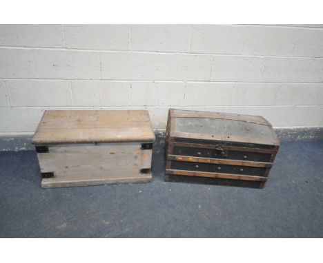 A VINTAGE DOMED TRUNK with wood and steel banding width 76cm x depth 45cm x height 52cm along with a vintage pine toolbox (co