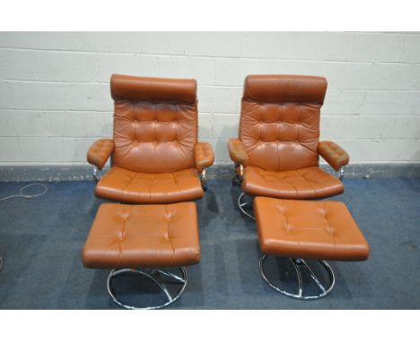 A PAIR OF EARLY EKORNES STRESSLESS ALPHA CHAIRS with light brown leather upholstery, chromed tubular metal legs, badged to ba