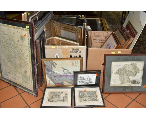 TWO BOXES AND LOOSE PICTURES AND PRINTS, to include a distressed late Victorian or Early Edwardian portrait of a gentleman, i