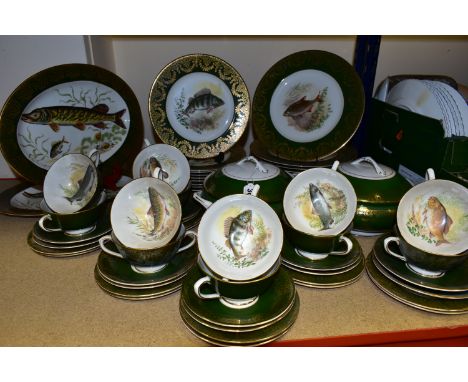 AN 'EDWARDIAN'  DINNER SERVICE DECORATED WITH COLD WATER FISH, with a green and gold border comprising twelve dinner plates, 