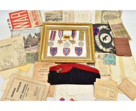 GLAZED FRAME OF WW2 MEDALS, 1939-45, France &amp; Germany Stars, Defence &amp; War Medal, together with  four cloth Unit/form