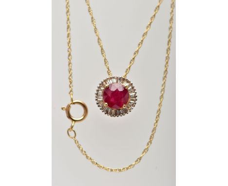 AN 18CT YELLOW GOLD GLASS FILLED RUBY AND DIAMOND CLUSTER PENDANT, WITH YELLOW METAL CHAIN, the pendant set with a circular c