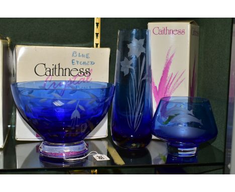 THREE PIECES OF BLUE CAITHNESS GLASS WARES, comprising a boxed footed bowl etched with fuchsias, height 12.5cm x diameter 19c