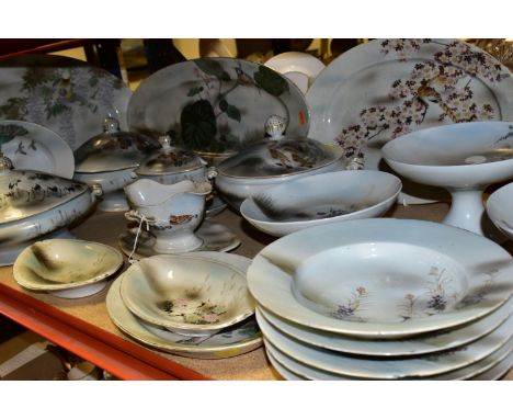 A SEVENTY PIECE JAPANESE PORCELAIN DINNER SERVICE, hand painted with birds in landscapes, the eggshell porcelain plates and b