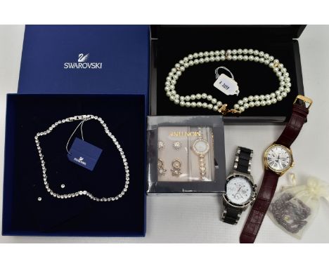 A SELECTION OF WATCHES AND COSTUME JEWELLERY, to include a cased Swaroski crystal necklace and ear stud set, an Amanda Suarez