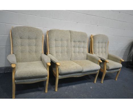 A MODERN BEECHWOOD FRAMED OATMEAL THREE PIECE SUITE consisting of a two seat sofa, 123cm wide and two armchairs (Condition:- 