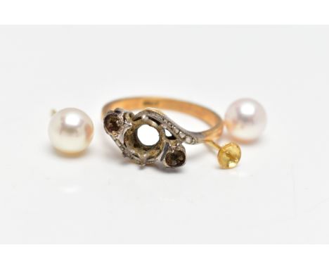 YELLOW METAL SCRAP, the first a yellow and white metal ring, all stones removed, stamped 18ct, ring size M, together with a p