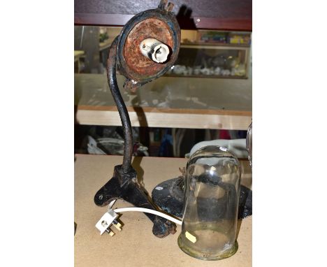 AN OUTDOOR LIGHT FITTING, in need of some attention, in cast iron with glass dome, length of wall bracket 21.5cm (3) (Conditi