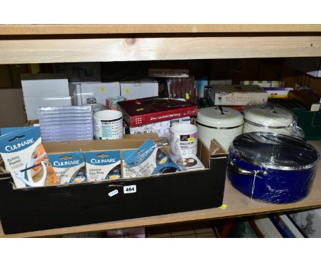 THREE BOXES AND LOOSE KITCHEN AND HOUSEHOLD ITEMS ETC,  to include boxed vintage style biscuit tins, boxed skylight casserole