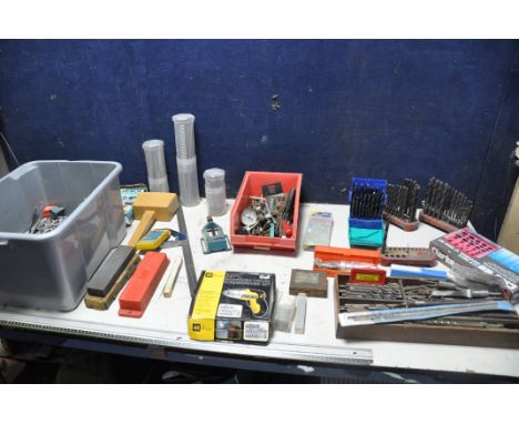 A LARGE COLLECTION OF DRILL BITS along with AA rechargeable screwdriver set, Clarke O-ring set, wooden mallet, power wrench, 
