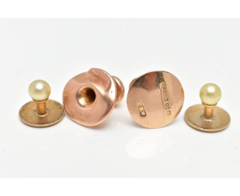 TWO 15CT GOLD CUFFLINKS AND A PAIR OF YELLOW METAL CULTURED PEARL CUFFLINKS, the first a 15ct polished gold cufflink, hallmar