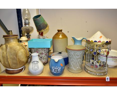 A GROUP OF TABLE LAMPS AND LARGE CERAMICS, including a Radio House Imperial Electric Stores table lamp made from camel skin, 