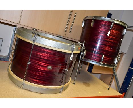 TWO BEVERLEY DRUMS,  1960/1970's in red silk pearl, bass drum with matching tomtom on stand (2) (cover has a few scratches, c