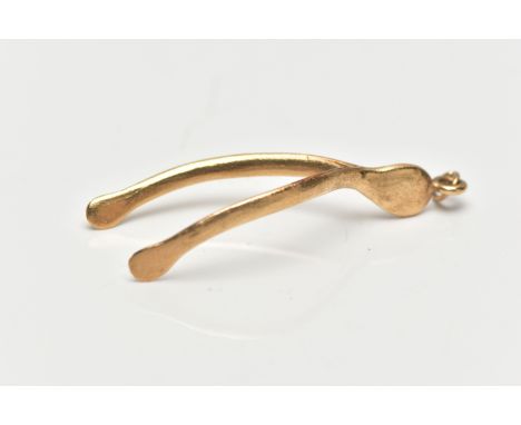 A 1970s 9CT YELLOW GOLD WISH BONE PENDANT, the pendant of plain polished design, approximate length 53mm, hallmarked 9ct Lond