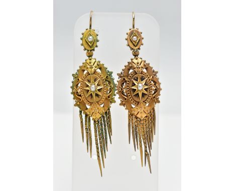 A PAIR OF MID 19TH CENTURY ETRUSCAN STYLE EARRINGS, yellow metal Victorian drop earrings, fish hook fittings leading onto a s