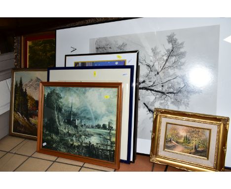 A SMALL COLLECTION OF PAINTINGS AND PRINTS, to include a continental alpine landscape scene, signed Bach?, oil on canvas, app