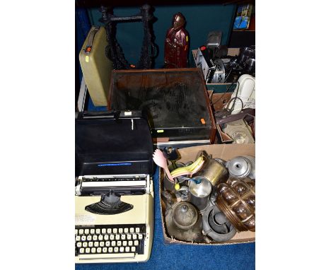 THREE BOXES AND LOOSE METAL WARES, TURNTABLE, TELEPHONES AND SUNDRY ITEMS, to include a Van Der Molen turntable, two rotary t