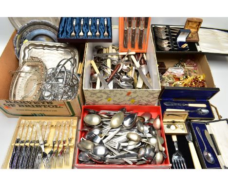 THREE BOXES OF ASSORTED ITEMS, to include various pieces of loose cutlery, assorted costume jewellery, white metal dishes and