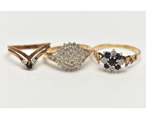 THREE 9CT GOLD DIAMOND AND GEM SET RINGS, to include a single cut diamond tiered cluster ring, estimated/stated total diamond