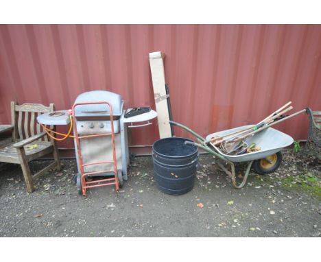 A MONACO GAS BARBECUE with side burner width 120cm, a wheel barrow with garden tools , a parasol and two large buckets