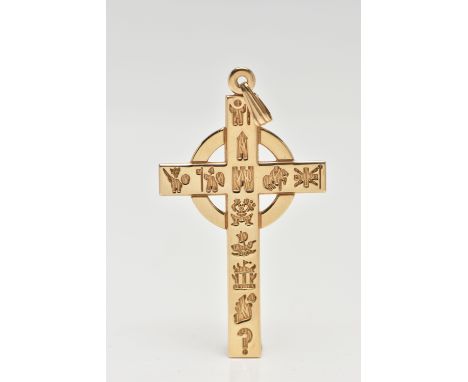 A 9CT YELLOW GOLD CELTIC CROSS PENDANT, engraved symbols to the front, hallmarked 9ct Dublin, fitted with a tapered bail stam