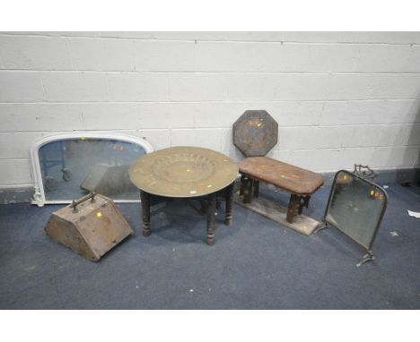 A COLLECTION OF OCCASSIONAL FURNITURE including an Indian brass top folding table with a dished and heavily decorated brass p