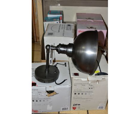 BOXED HOUSEHOLD LIGHTING ETC, to include John Lewis wall lights, Argos Wall lights, Good Home wall lights, light switches, it
