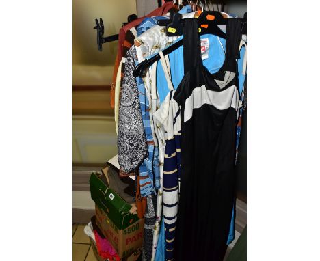 TWELVE ITEMS AND THREE BOXES OF ASSORTED LADIES' CLOTHING , comprising a 1970's Lerose dress, a 1960's suede skirt and matchi