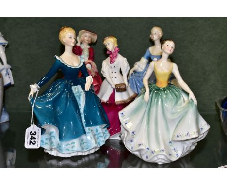 FIVE ROYAL DOULTON AND ROYAL WORCESTER FIGURINES, comprising Royal Doulton Janine HN2461, Cynthia HN2440, Top o'the Hill HN18