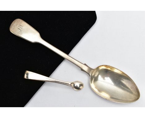 AN EARLY VICTORIAN SILVER FIDDLE PATTERN SPOON AND A PAIR OF SUGAR TONGS, polished fiddle pattern spoon with engraved initial