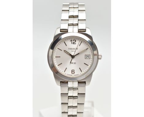 A BOXED TISSOT WRISTWATCH,  round silver dial signed ‘Tissot 1853, PR50’, Arabic twelve and six numerals, interspaced with ba