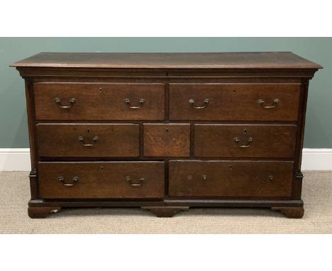 ANTIQUE OAK LANCASHIRE CHEST with lift lid, five drawers over two blank drawers on bracket feet, 89 (h) x 161 (w) x 56cms (d)